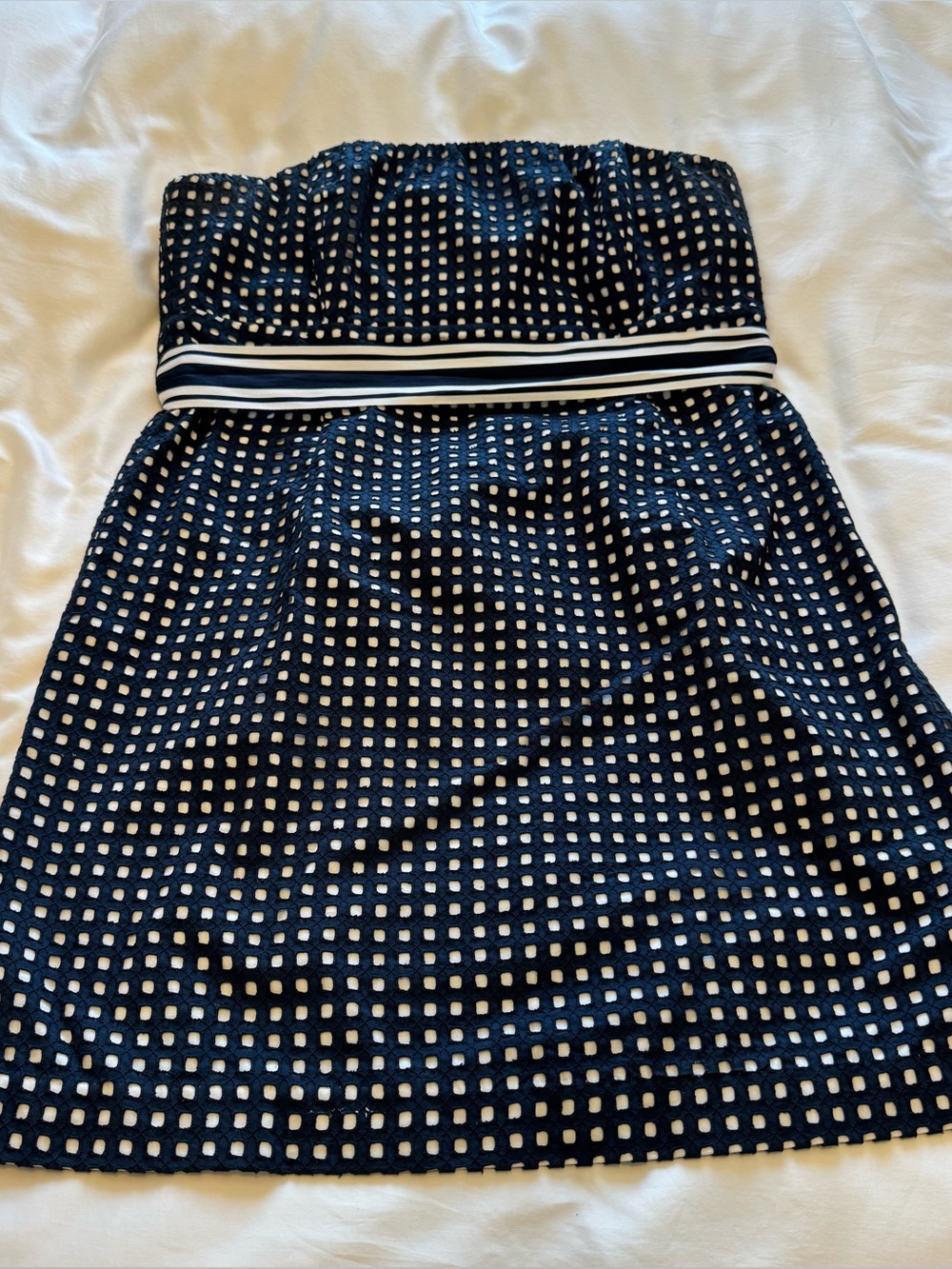Vineyard Vines Strapless Navy Eyelet Dress with Grosgrain Ribbon Waistband